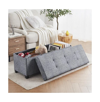 Ornavo Home Foldable Tufted 43 Inch Long Linen Bench Storage Ottoman with Legs