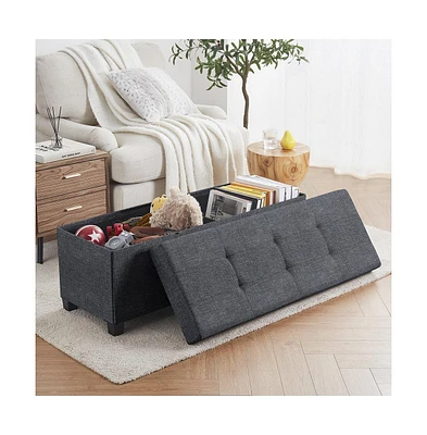 Ornavo Home Foldable Tufted 43 Inch Long Linen Bench Storage Ottoman with Legs