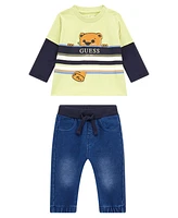 Guess Baby Boy Screen Print Long Sleeve T-Shirt and Knit Denim Pant, 2-Piece Set