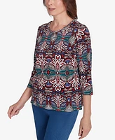 Alfred Dunner Petite Key Items Abstract Leaf Print Three Quarter Sleeve Top