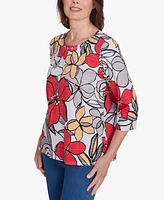 Alfred Dunner Petite Key Items Bold Floral Print Three Quarter Sleeve Tee