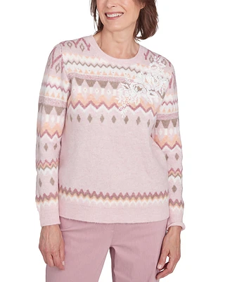 Alfred Dunner Petite Telluride Floral Embroidered Fair Isle Sweater