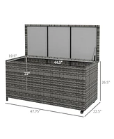 83 Gallon Deck Box, Large Outdoor Storage Chest, Pe Wicker Trunk for Outside on Wheels for Garden Tools, Pool Supplies & Patio Furniture Cushions, Gra