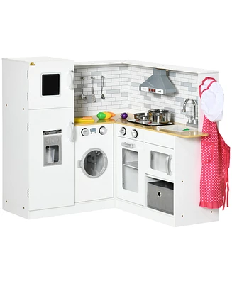 Simplie Fun Corner Play Kitchen Set with Sound Effects and Tons of Countertop Space, Large Wooden Kitchen with Washing Machine, Food Toys, Ice Maker,
