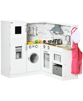 Simplie Fun Corner Play Kitchen Set with Sound Effects and Tons of Countertop Space, Large Wooden Kitchen with Washing Machine, Food Toys, Ice Maker,