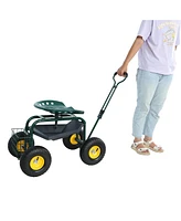 Garden trolley Rolling work chair with wheels, garden stool for planting, 360 degree swivel seat, station wagon scooter with steering handle and utili