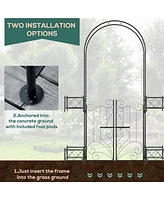 7' Garden Arch Arbor, Metal Arch Trellis with Gate, Garden Archway for Climbing Vines, Wedding Ceremony Decoration, Black
