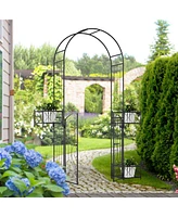 Simplie Fun 7' Garden Arch Arbor, Metal Arch Trellis with Gate, Garden Archway for Climbing Vines, Wedding Ceremony Decoration, Black