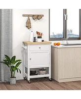 Utility Kitchen Cart, Rolling Kitchen Island with Smooth Rubberwood Top, Narrow Butcher Block Surface on Wheels with Storage Drawer & Cabinet, White