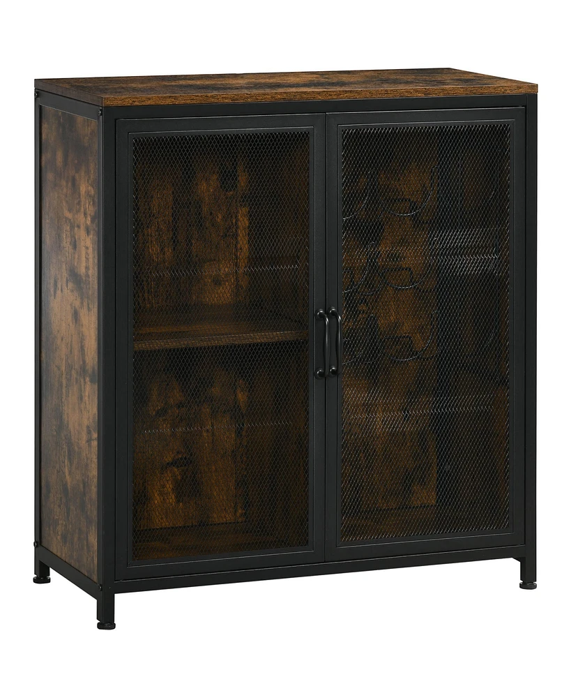 Streamdale Furniture Industrial Wine Cabinet with 9 Bottle Wine Rack, Retro Liquor Cabinet with Glass Holders, Mesh Doors, and Storage Shelf for Home