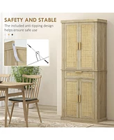 72" Tall Pantry Cabinet with Rattan Decorated Panel, Freestanding Boho Kitchen Storage Cabinet with 4 Doors, Drawer, 5-Tier Shelf and Adjustable
