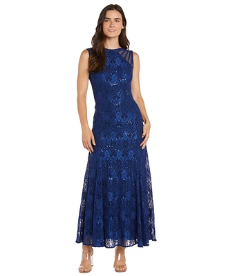 R & M Richards Women's Long Embellished Illusion-Detail Lace Gown