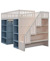 Full Size Loft Bed with 2 Four-layer Storage Cabinets and Curtain, White+Blue(Expected Arrival Time:9.28)