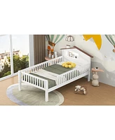 Twin Size Wood Platform Bed with House-shaped Headboard, Led and Built-in Storage, White