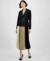 Anne Klein Womens Mixed Media Asymmetric Zip Jacket Colorblocked Pull On Pleated Skirt