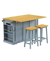 53" Kitchen Island with Storage, Power Outlet, Bar Stools