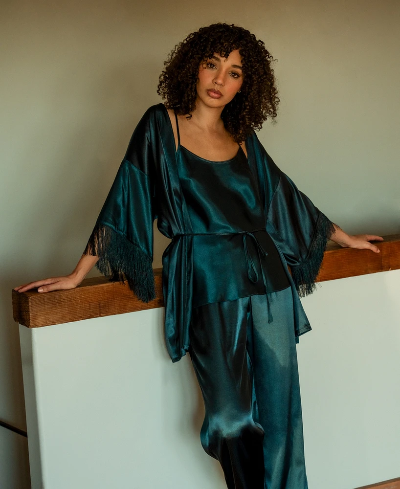 Linea Donatella Women's 3-Pc. Satin Fringe Robe, Cami & Pants Set