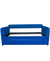 Streamdale Furniture Blue Upholstered Twin Size Daybed With Trundle, Velvet Fabric, No Box Spring Required, Comfortable And Simple Design Models