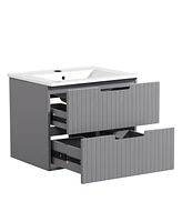 24 Inch Floating Bathroom Vanity with Ceramic Sink, Modern Bath Storage Cabinet Vanity with Drawers Wall Mounted Combo Set for Bathroom, Gray