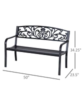 Simplie Fun 50" Outdoor Bench, Metal Garden Bench with Floral Pattern Backrest, Porch Bench with Slatted Seat for Park, Yard, Lawn, Black