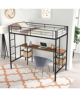 Slickblue Twin-Size Loft Bed with Built-in Table and Storage Shelves for Kids or Small Rooms