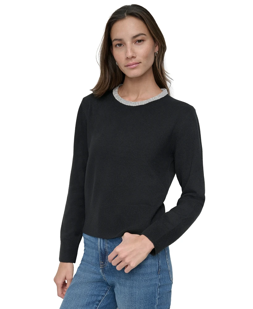 Dkny Jeans Women's Rhinestone Collar Crewneck Sweater