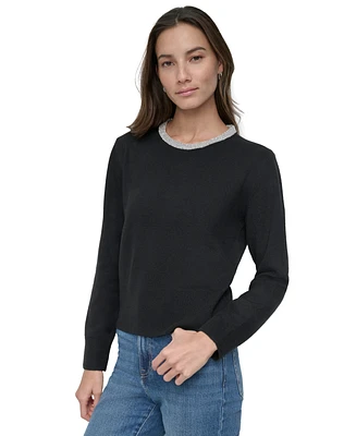 Dkny Jeans Women's Rhinestone Collar Crewneck Sweater