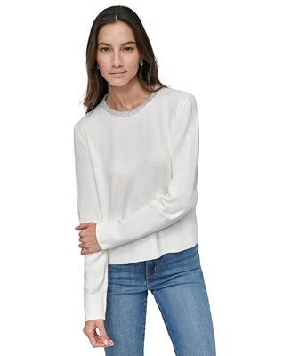 Dkny Jeans Women's Rhinestone Collar Crewneck Sweater - IVY