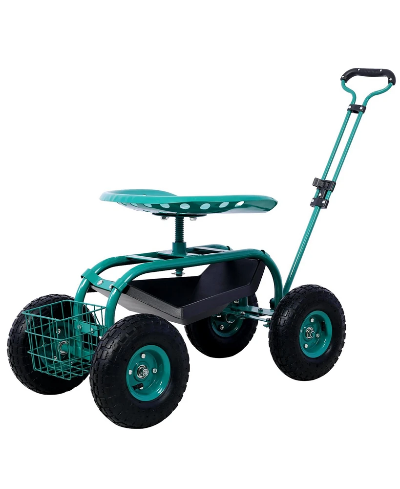 Simplie Fun Rolling Garden Scooter Garden Cart Seat with Wheels and Tool Tray, 360 Swivel Seat, Green--refurbished