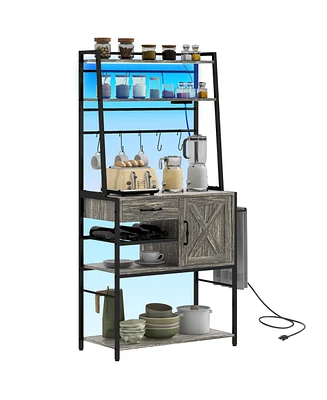 Streamdale Furniture Baker's Rack with Power Outlet and Led Lights, Coffee Bar with Storage Shelves, Industrial Microwave Stand with Wine Bottle Rack,