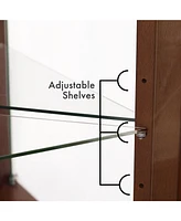 Slickblue Corner Curio Display Cabinet with Glass Shelves Mirrored Back Walnut Finish