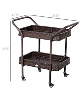 Rattan Wicker Serving Cart: 2-Tier Outdoor Bar Cart with Brakes