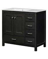 36" Black Bathroom Vanity with Ceramic Sink Combo, Abundant Storage Cabinet -2 Soft close doors and 5 drawers