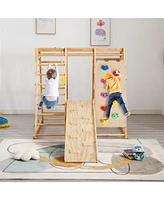 Streamdale Furniture Toddler Indoor Wooden Gym 8 in 1 Indoor Playground Climbing Toy Set with Slide Swing Climbing Net Rings, Kids Indoor Playground C