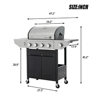 Propane Grill 4 Burner Barbecue Grill Stainless Steel Gas Grill with Side Burner, 46,500 Btu Outdoor Cooking, Patio, Garden Barbecue Grill, Black and