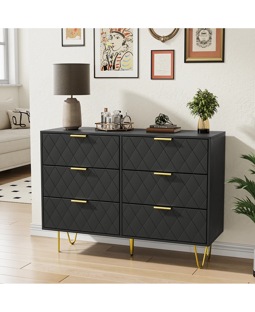 Streamdale Furniture Modern black 6 Drawers for Bedroom, Small Size Modern 6 Drawer Dresser, Wide Chest of Drawers with Gold Handles, Wood Double Dres