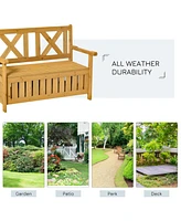 Patio Wooden Bench with Storage Box, 29 Gallon Outdoor Storage Bench, Large Entryway Deck Box w/ Unique X-Shape Back, for Deck, Porch & Balcony, Yello