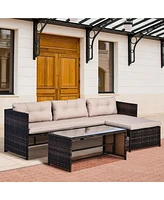 Simplie Fun 3 Piece Patio Furniture Set, Rattan Outdoor Sofa Set with Chaise Lounge & Loveseat, Soft Cushions, Tempered Glass Table, L