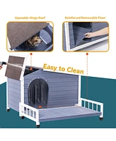 Streamdale Furniture Large Wooden Dog House Indoor Outdoor with Terrace and Open Waterproof Asphalt Roof, Outdoor Dog House with Raised Floor, Windows