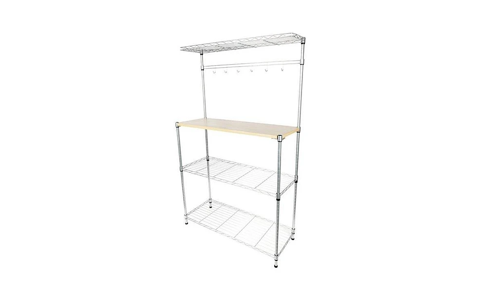 Slickblue Four-Tier Powder Coated Bakers Rack - Microwave Oven Rack with Mdf Board and 6 Wave Rods in Silver