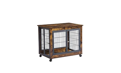 Slickblue Furniture-Style Dog Crate Side Table on Wheels with Double Doors and Lift-Top for Convenient Pet Housing