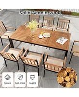 Costway 9 Pcs Outdoor Dining Table & Chairs Set Table with Acacia Wood Top Umbrella Hole