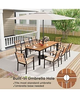 Costway 9 Pcs Outdoor Dining Table & Chairs Set Table with Acacia Wood Top Umbrella Hole