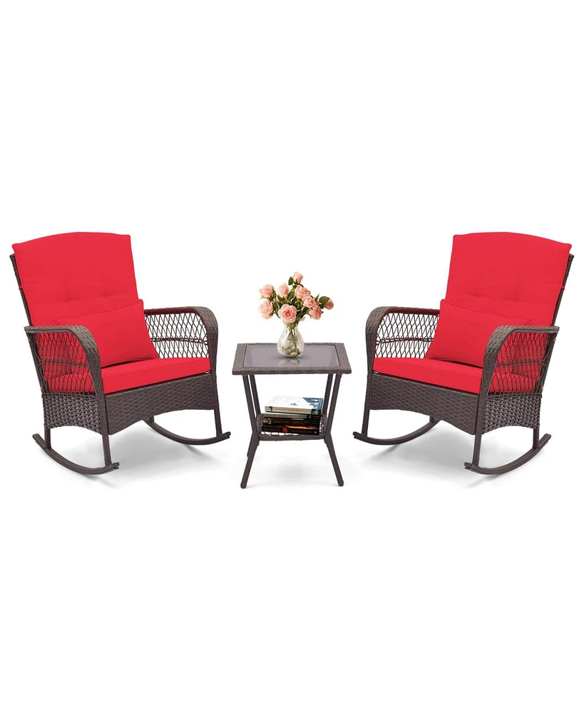 Costway 3 Pcs Patio Rocker Set Outdoor Wicker Rocking Chairs with Double-Layer Coffee Table
