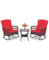 Costway 3 Pcs Patio Rocker Set Outdoor Wicker Rocking Chairs with Double-Layer Coffee Table