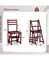 Costway Toddler 3-Step Folding Step Ladder Chair with Bamboo Frame Convertible Stool Reddish