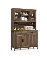 Costway Kitchen Pantry Cabinet with Microwave Countertop Double Glass Doors 2 Drawers