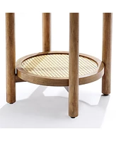 LuxenHome Chestnut Finish Pine and Mdf Wood Accent Round Table with Rattan Shelf