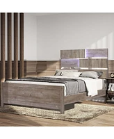 LuxenHome Modern Farmhouse Panel Queen Platform Bed Headboard and Footboard Set with Lights