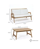 LuxenHome Outdoor Acacia Wood Coffee Table and Loveseat with Cushions